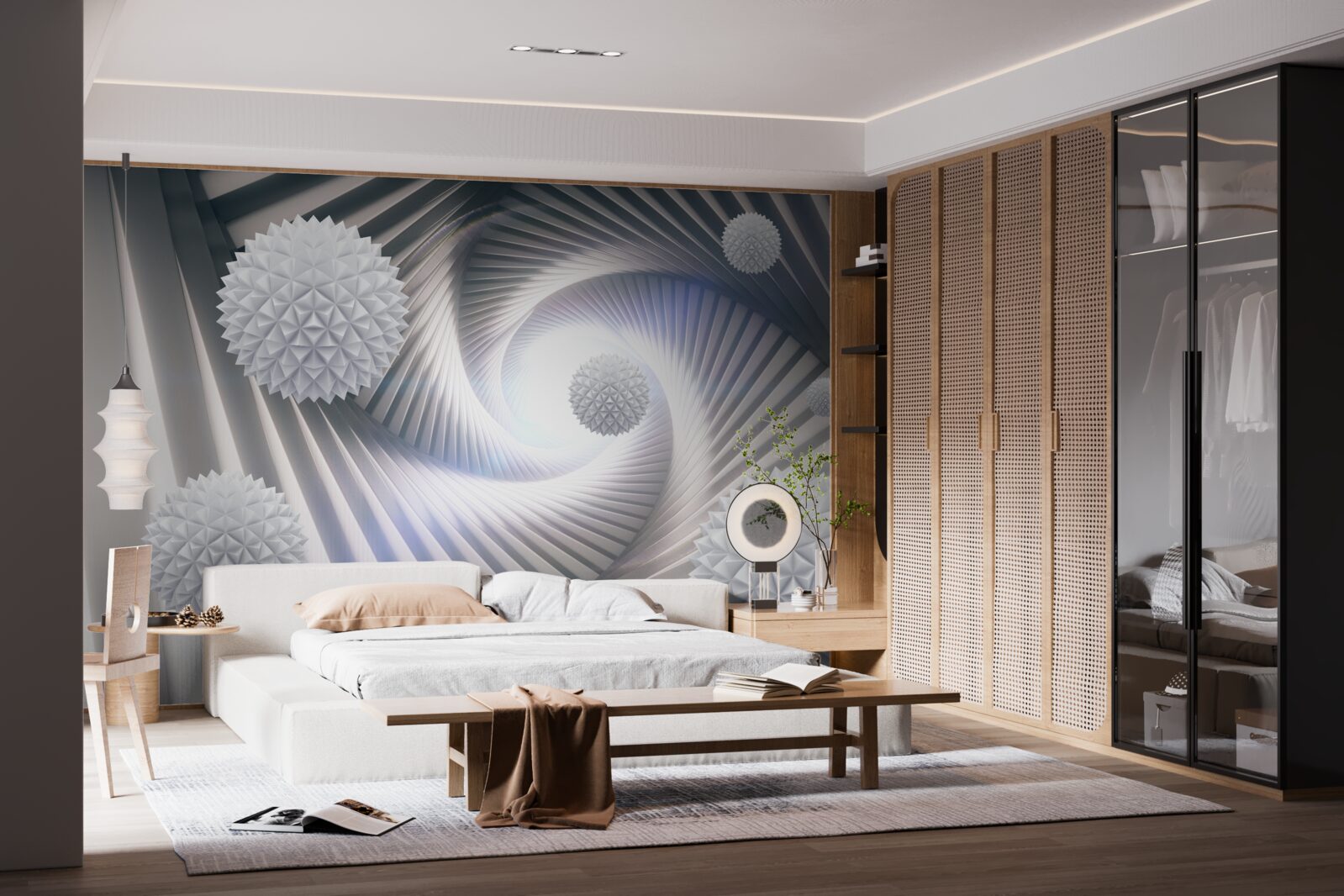 Fotobehang witte ballen en abstracte spiralen