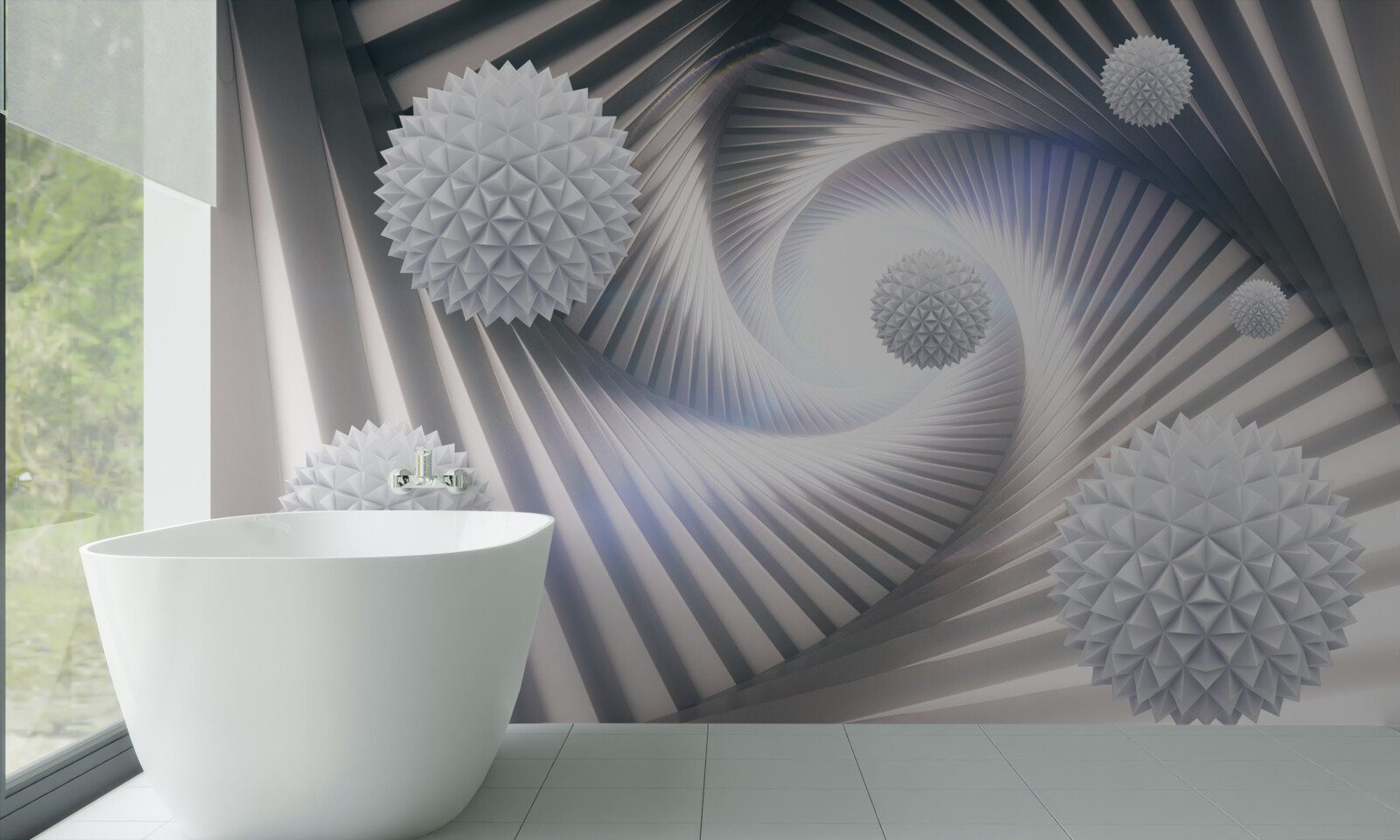 Fotobehang witte ballen en abstracte spiralen