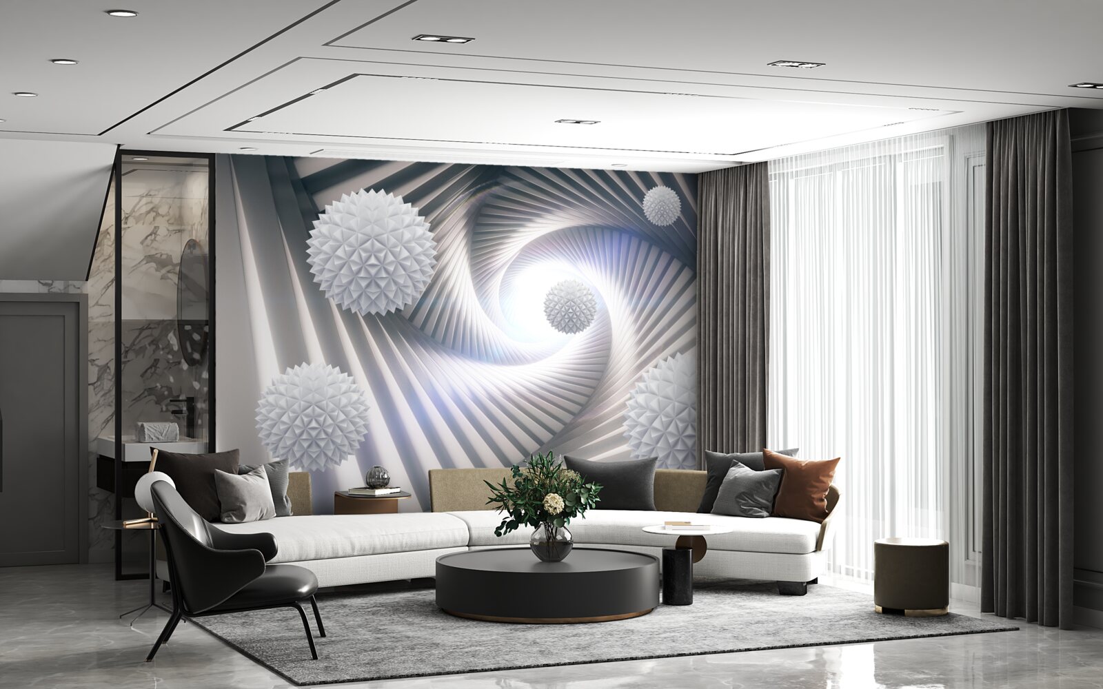 Fotobehang witte ballen en abstracte spiralen