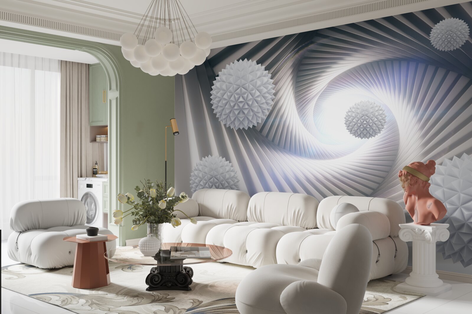 Fotobehang witte ballen en abstracte spiralen