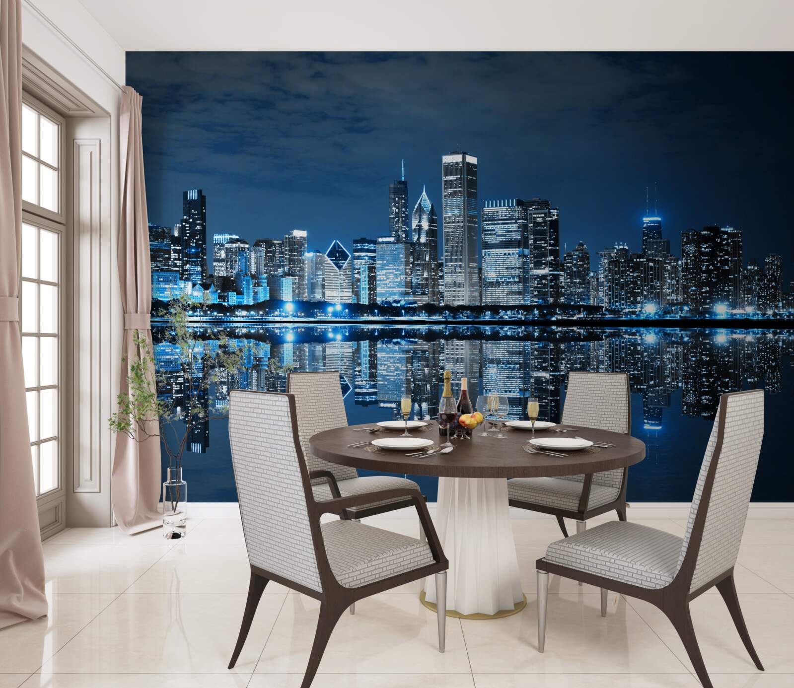 Fotobehang de nachtelijke verlichting van de stad weergeven in water