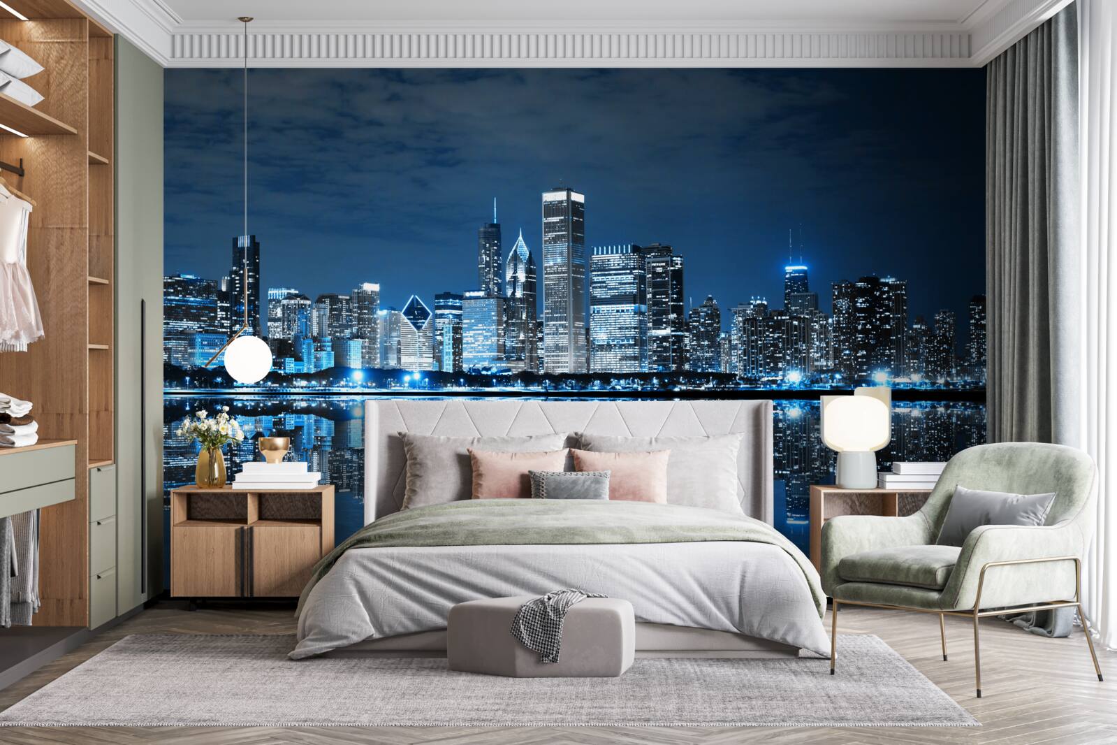 Fotobehang de nachtelijke verlichting van de stad weergeven in water