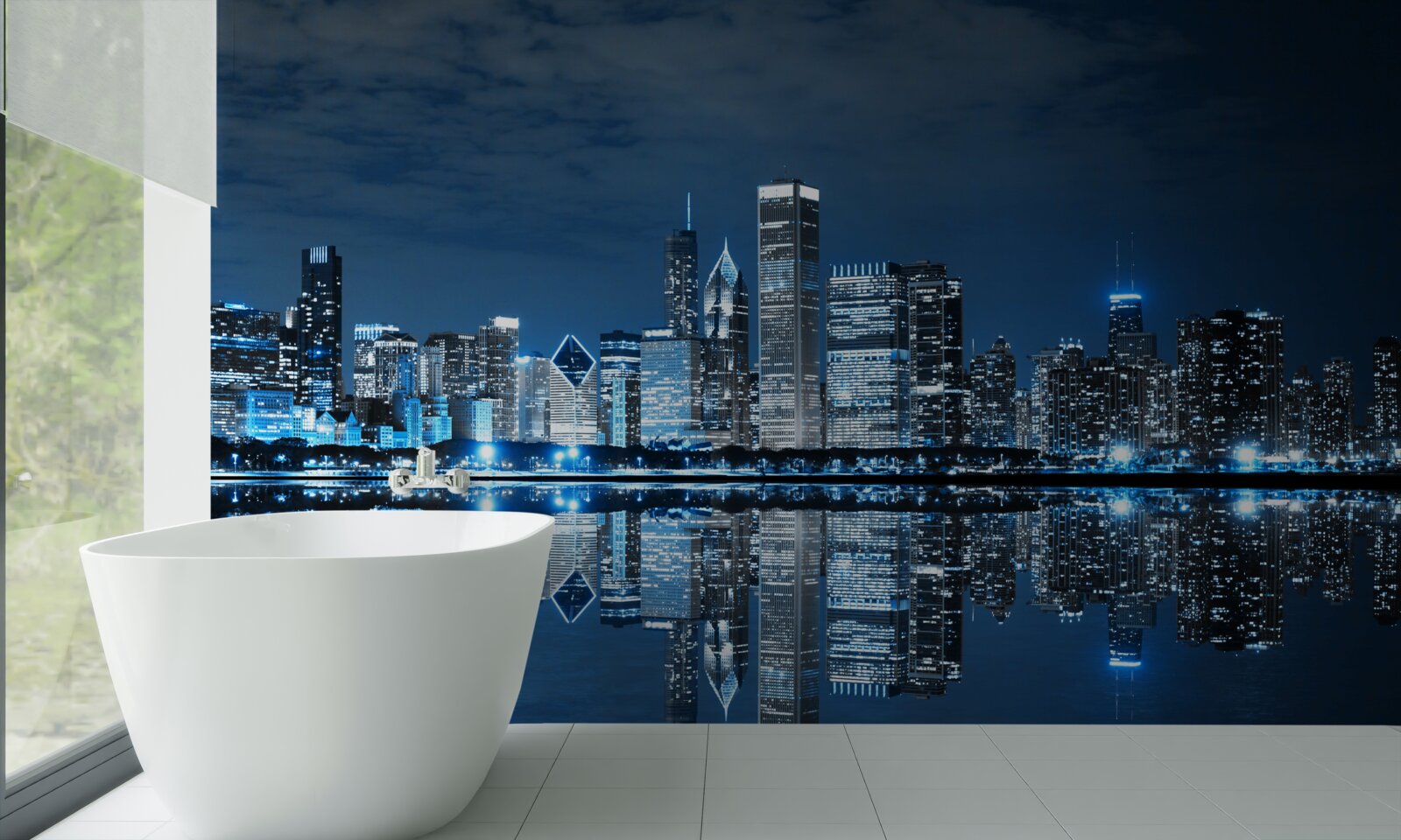 Fotobehang de nachtelijke verlichting van de stad weergeven in water