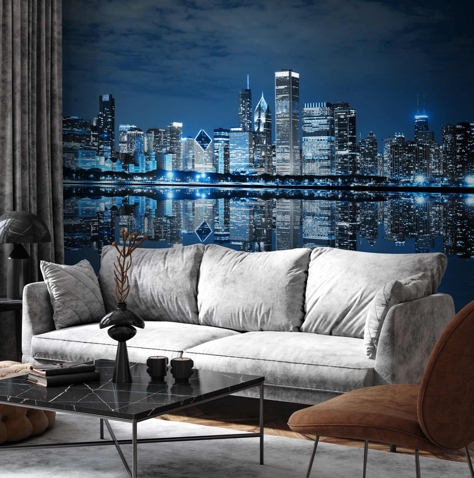 Fotobehang de nachtelijke verlichting van de stad weergeven in water