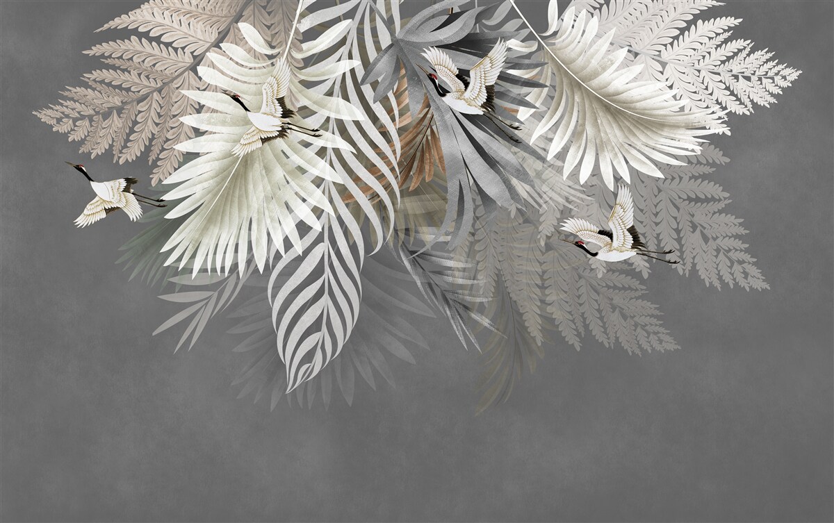 Fotobehang grote bladeren en gevederde wezens