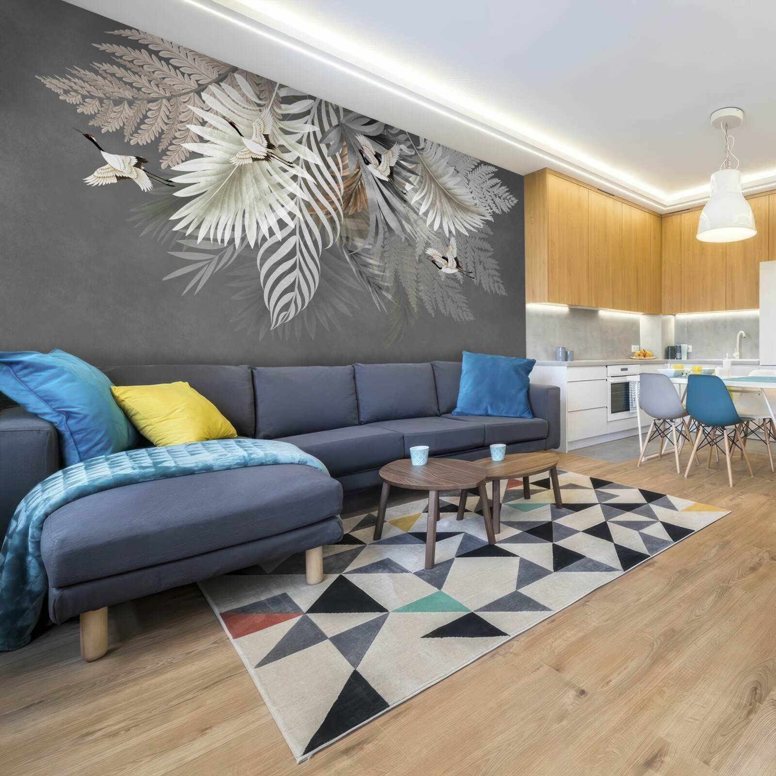 Fotobehang grote bladeren en gevederde wezens