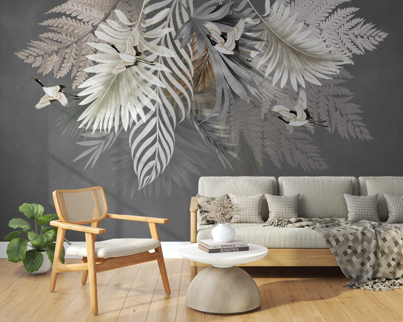 Fotobehang grote bladeren en gevederde wezens