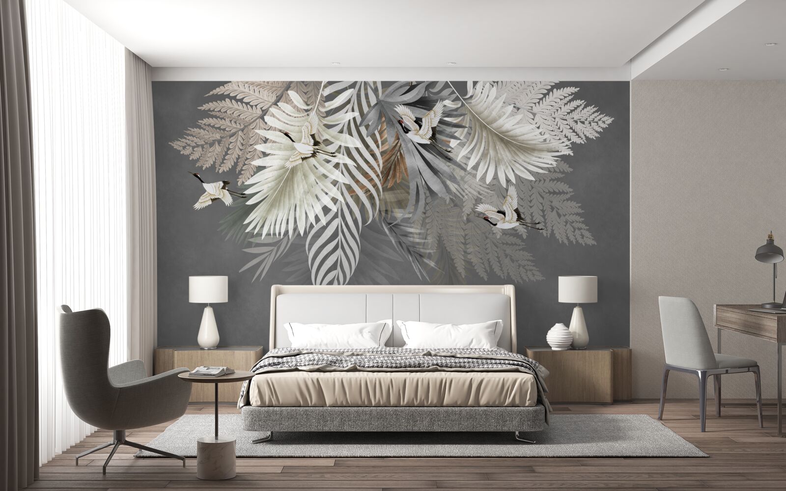 Fotobehang grote bladeren en gevederde wezens