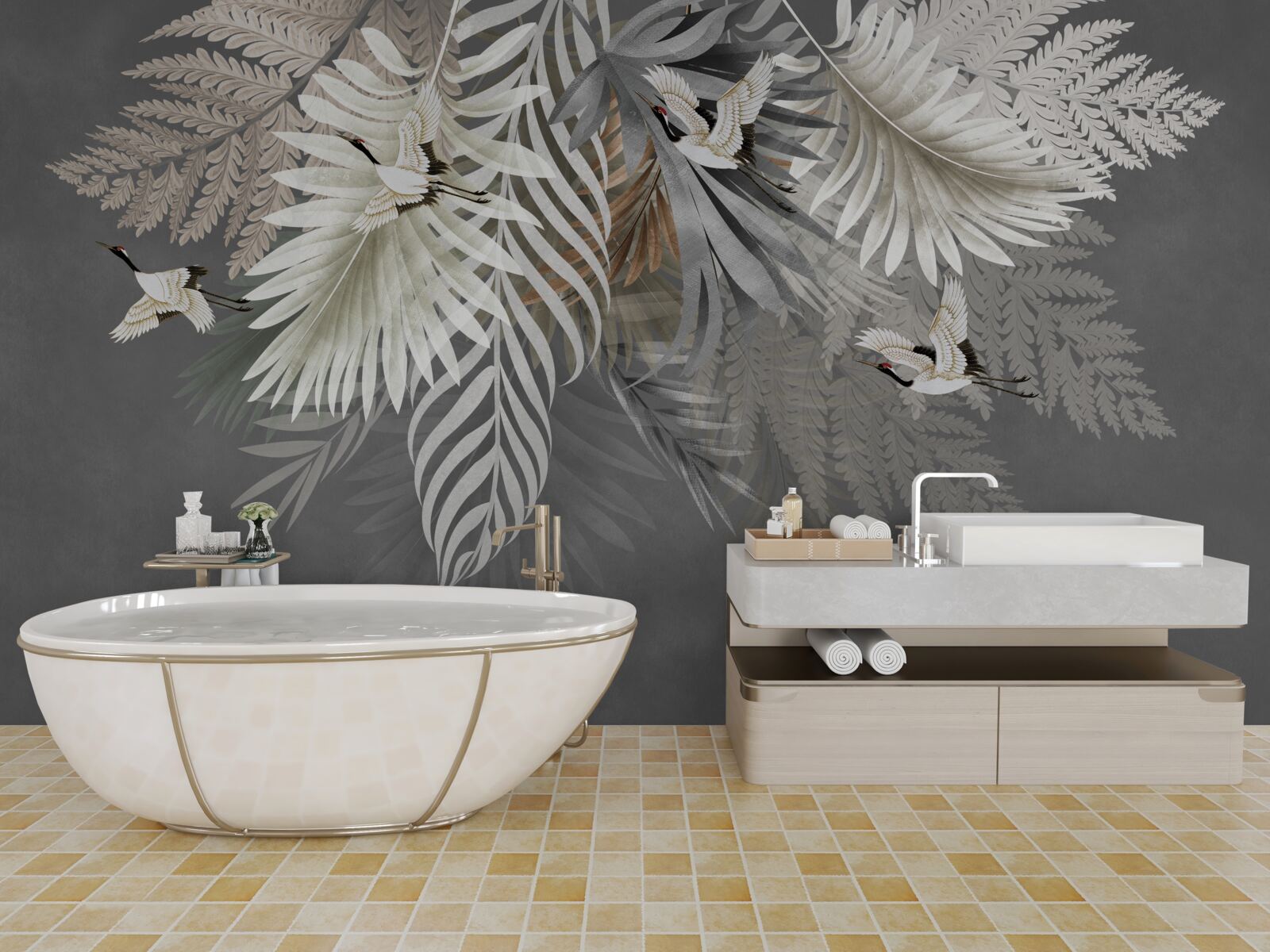 Fotobehang grote bladeren en gevederde wezens