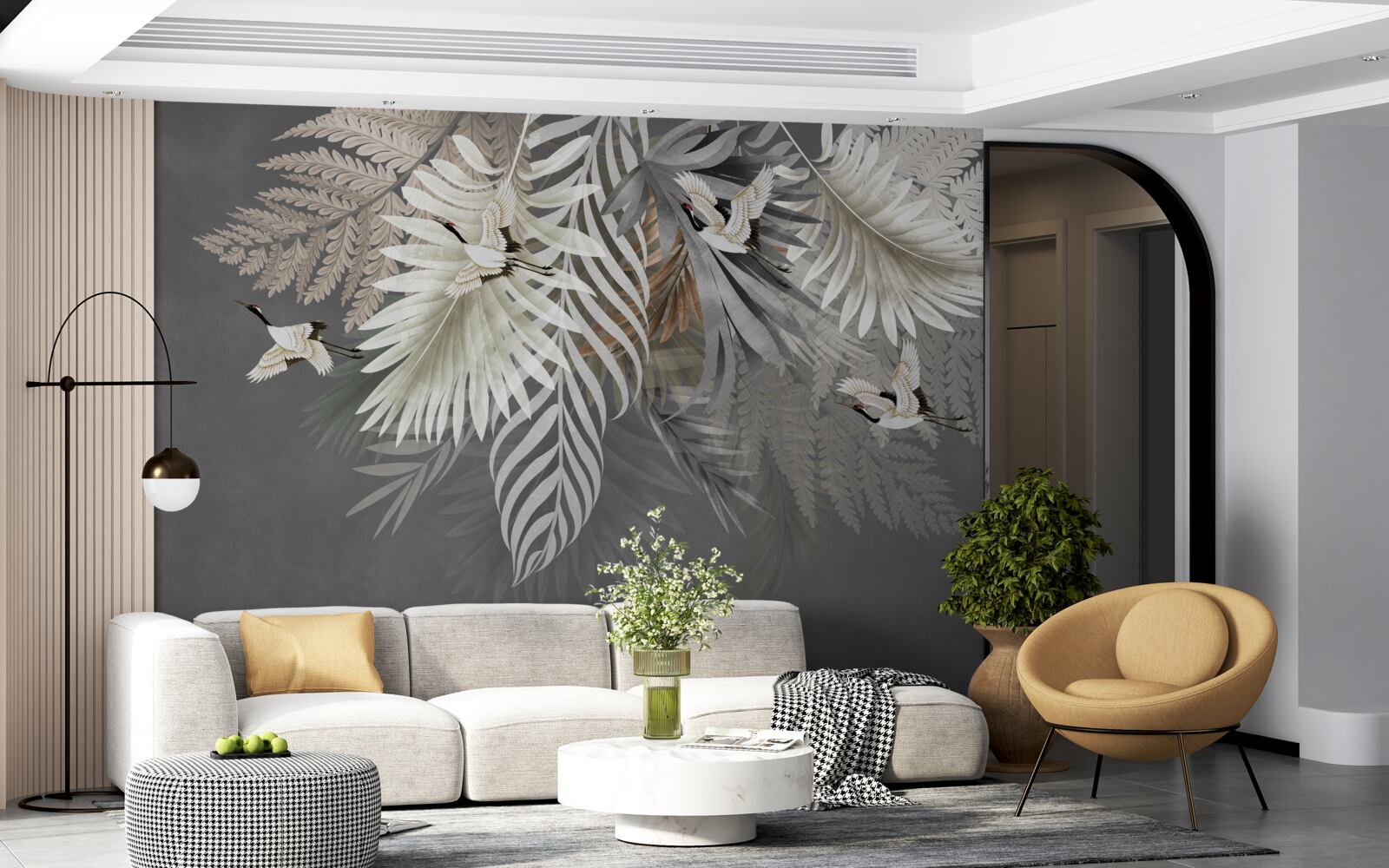 Fotobehang grote bladeren en gevederde wezens