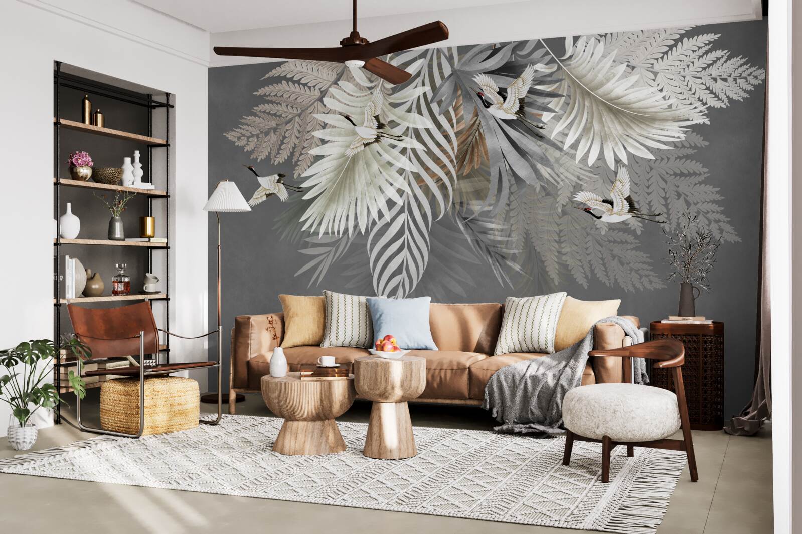 Fotobehang grote bladeren en gevederde wezens