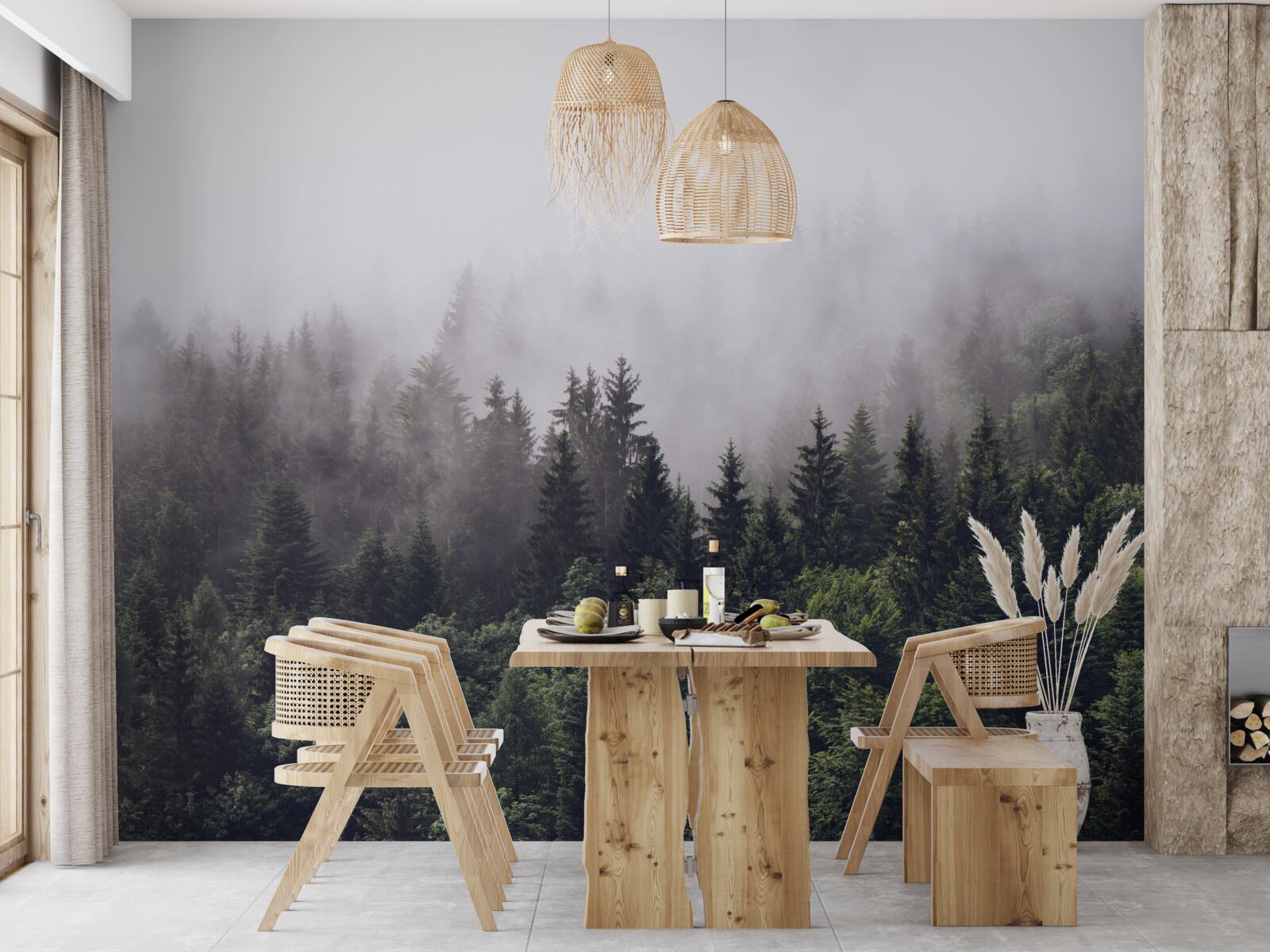 Fotobehang panoramisch vogelperspectief van het mistige bos