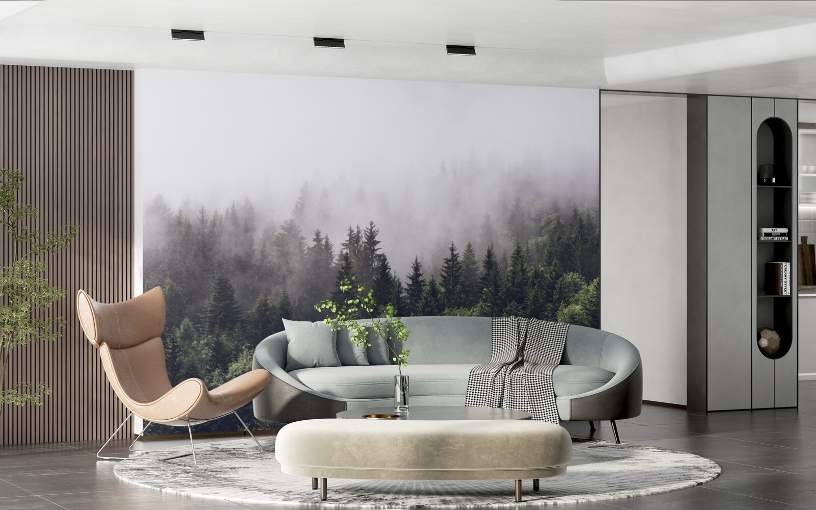 Fotobehang panoramisch vogelperspectief van het mistige bos