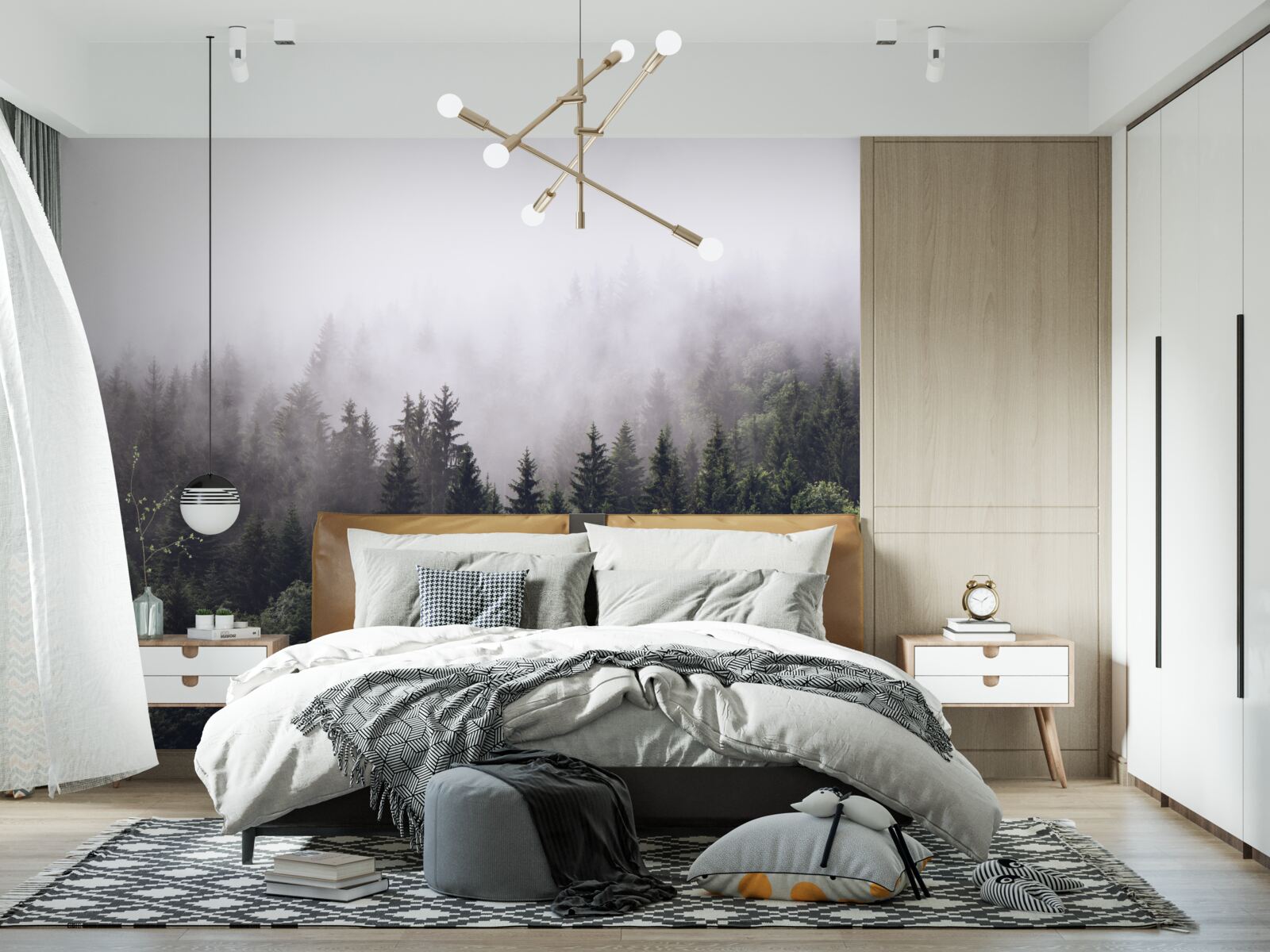 Fotobehang panoramisch vogelperspectief van het mistige bos