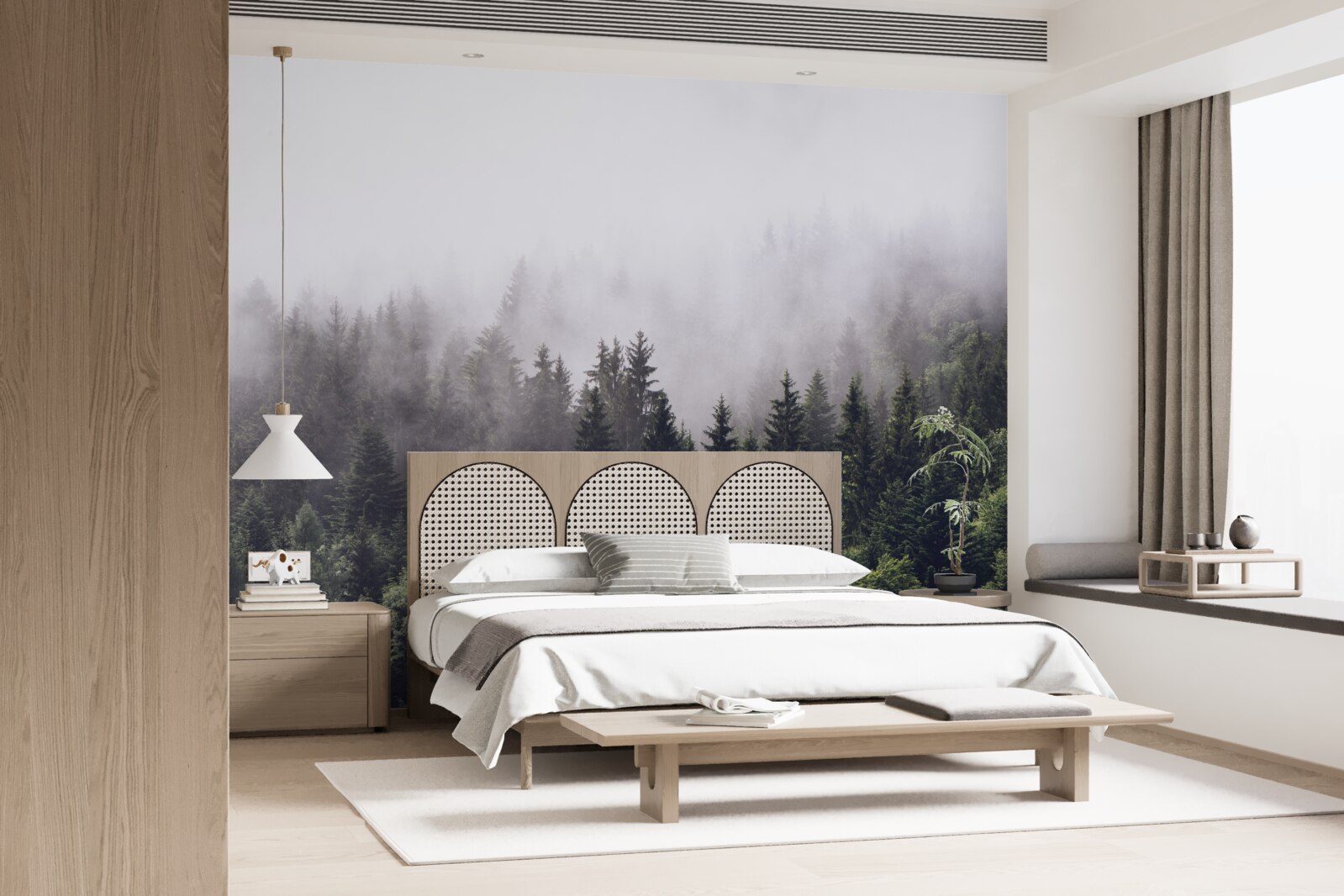 Fotobehang panoramisch vogelperspectief van het mistige bos