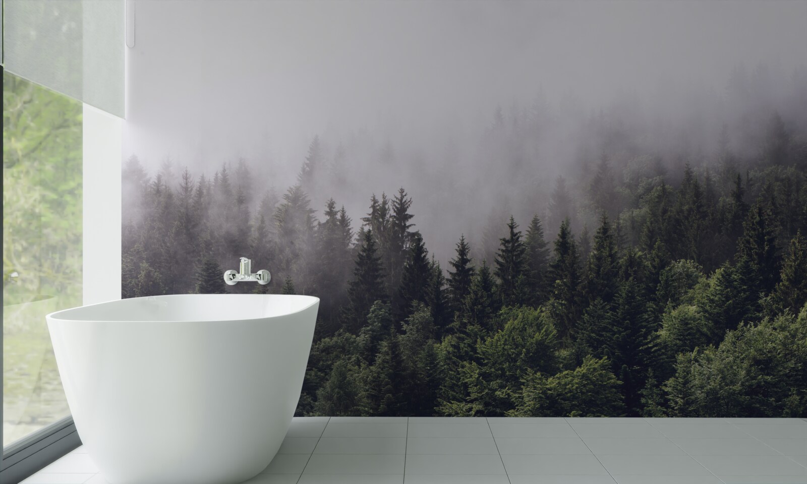 Fotobehang panoramisch vogelperspectief van het mistige bos