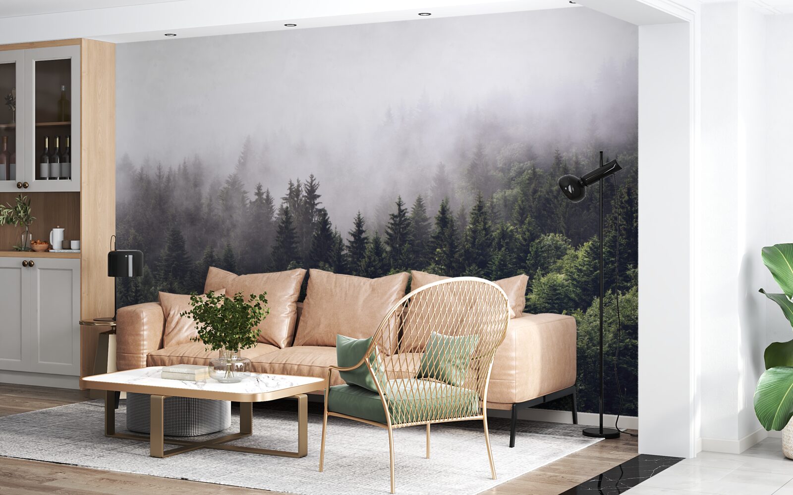 Fotobehang panoramisch vogelperspectief van het mistige bos