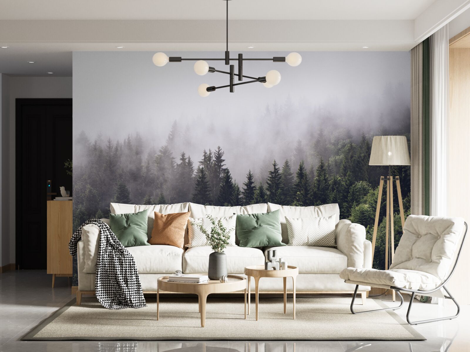 Fotobehang panoramisch vogelperspectief van het mistige bos