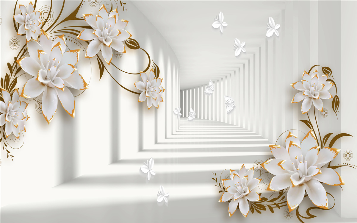 Fotobehang elegante gang in witte tinten, versierd met gouden bloemen