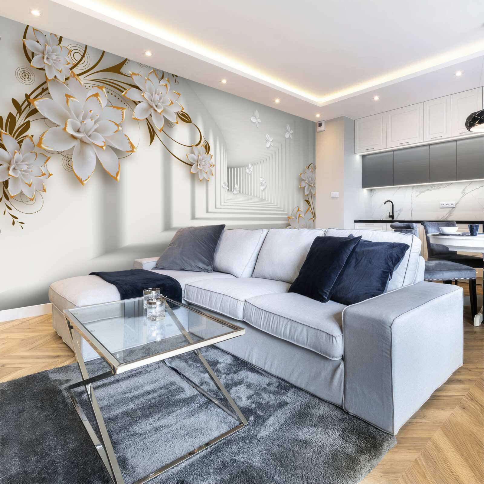 Fotobehang elegante gang in witte tinten, versierd met gouden bloemen