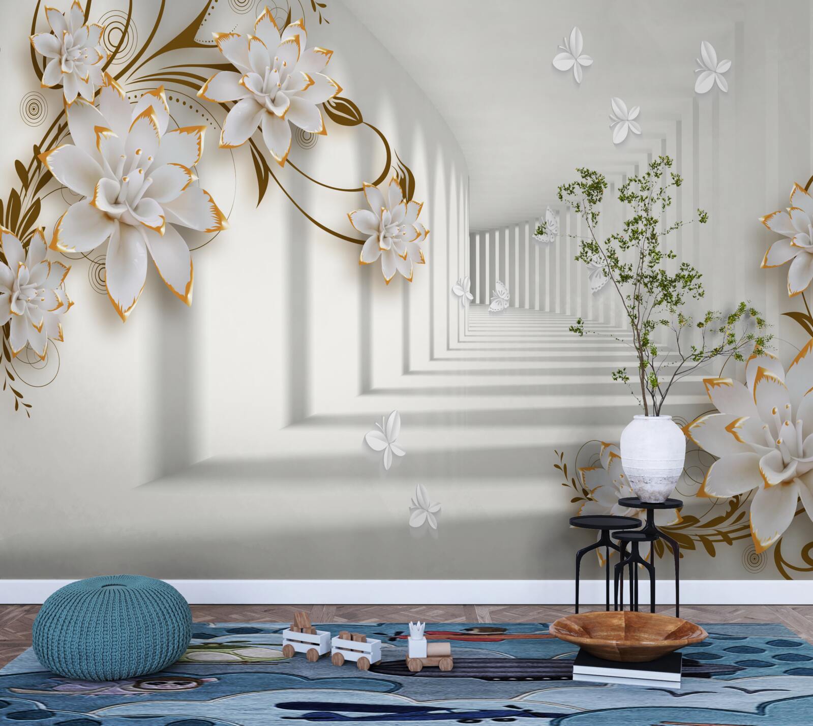 Fotobehang elegante gang in witte tinten, versierd met gouden bloemen