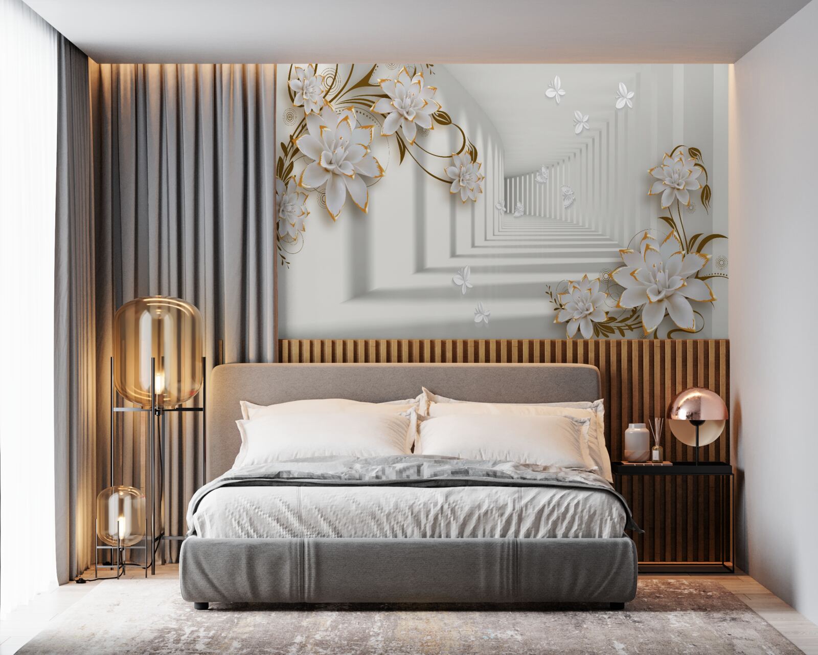 Fotobehang elegante gang in witte tinten, versierd met gouden bloemen