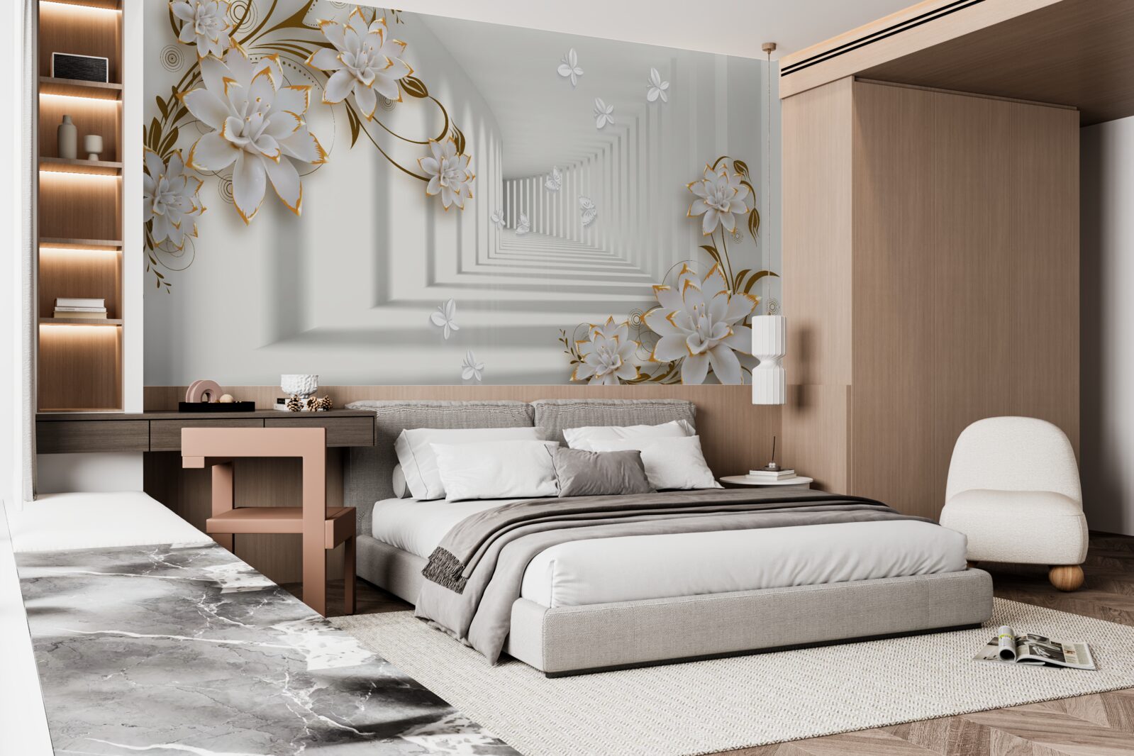 Fotobehang elegante gang in witte tinten, versierd met gouden bloemen