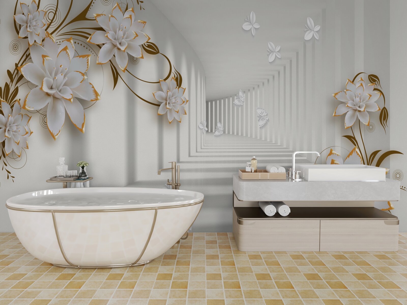 Fotobehang elegante gang in witte tinten, versierd met gouden bloemen