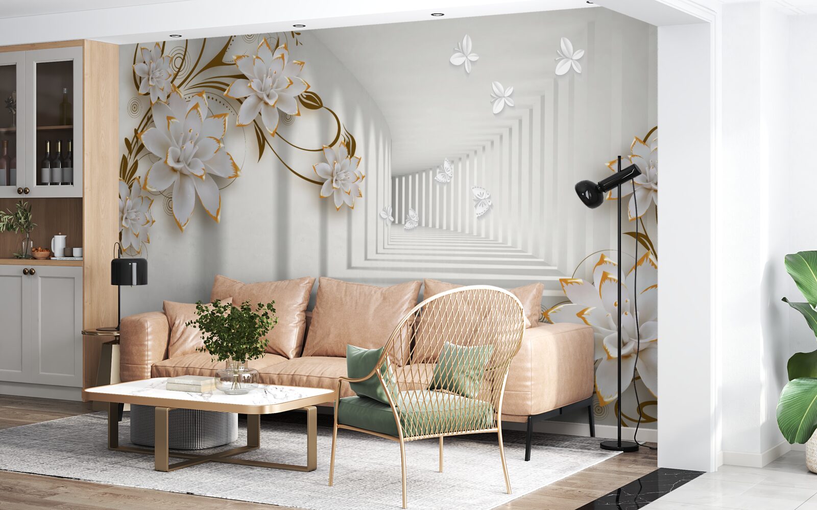 Fotobehang elegante gang in witte tinten, versierd met gouden bloemen