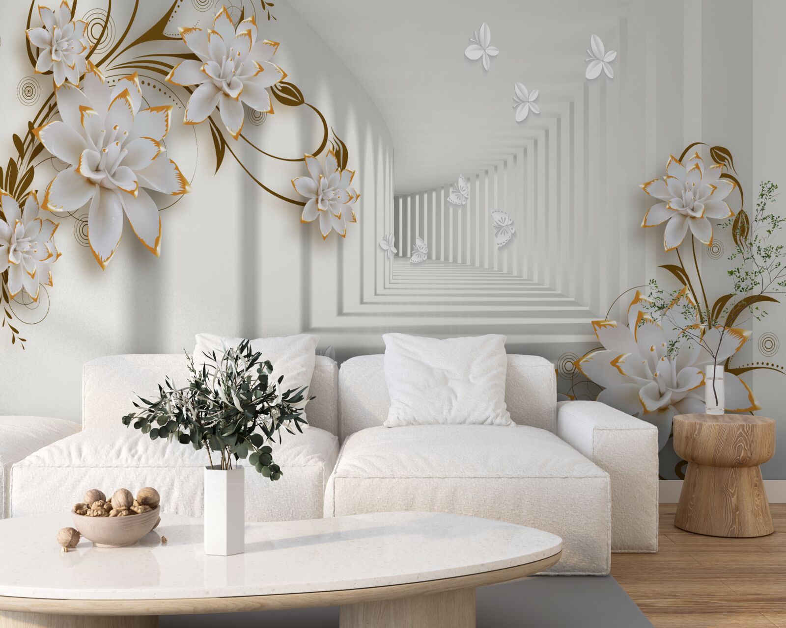 Fotobehang elegante gang in witte tinten, versierd met gouden bloemen