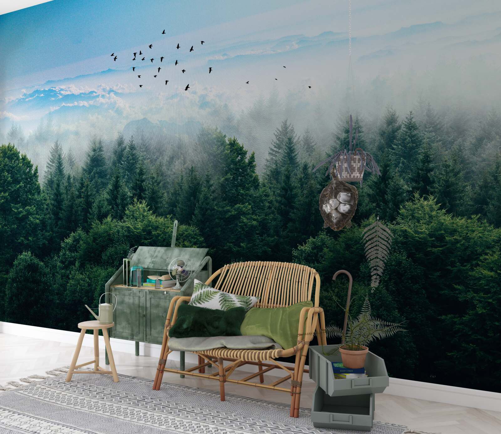 Fotobehang vogels zweven hoog boven de kruinen van de woudreuzen