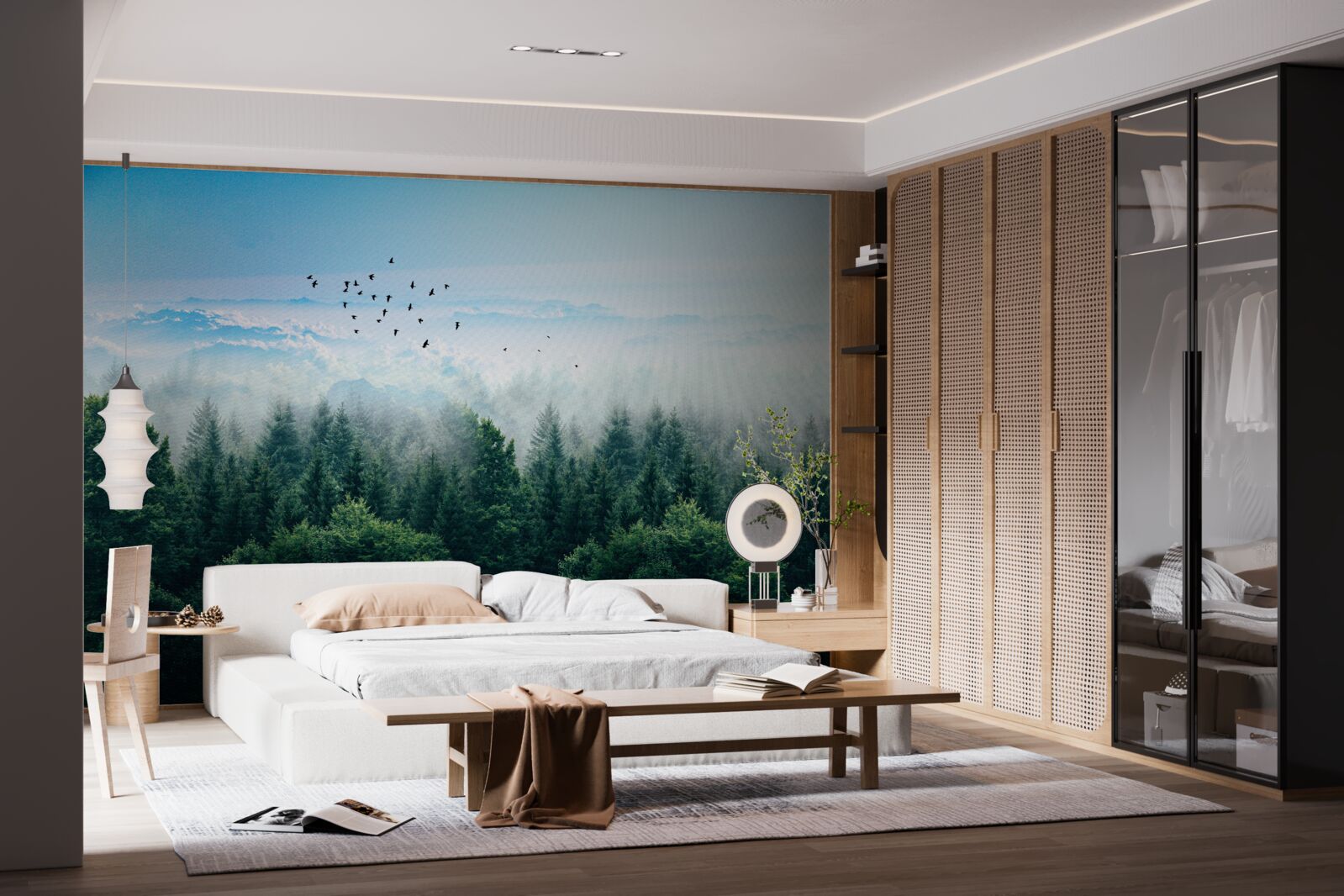 Fotobehang vogels zweven hoog boven de kruinen van de woudreuzen