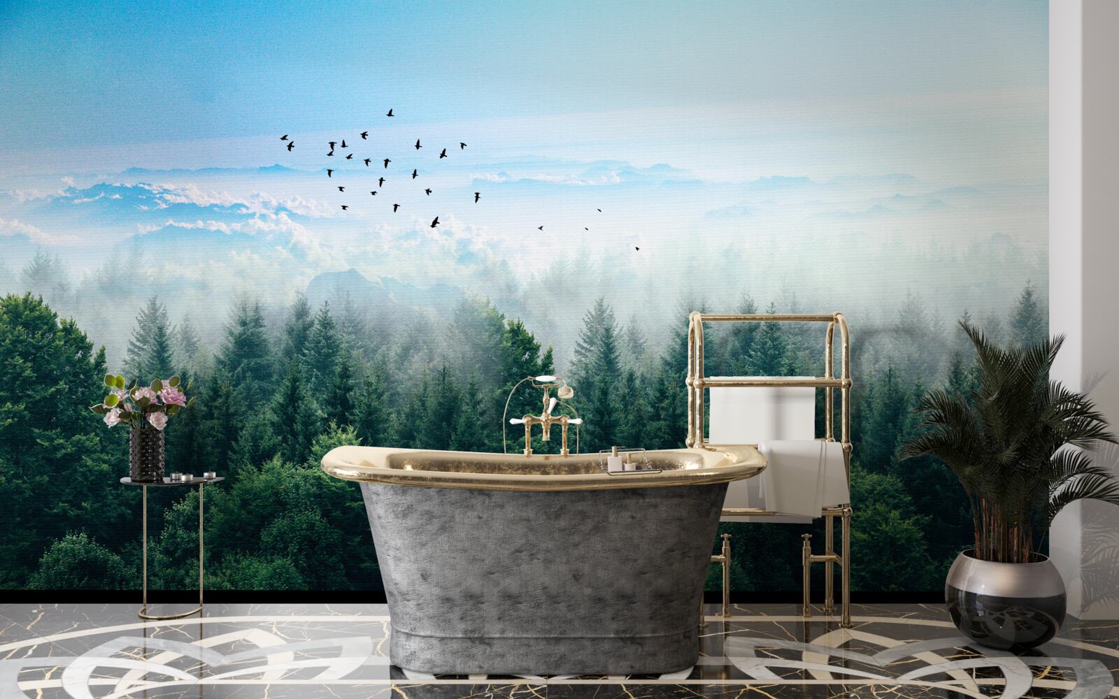 Fotobehang vogels zweven hoog boven de kruinen van de woudreuzen