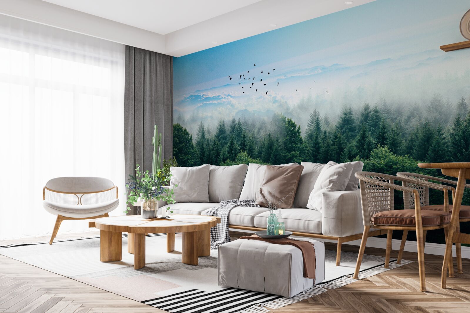 Fotobehang vogels zweven hoog boven de kruinen van de woudreuzen