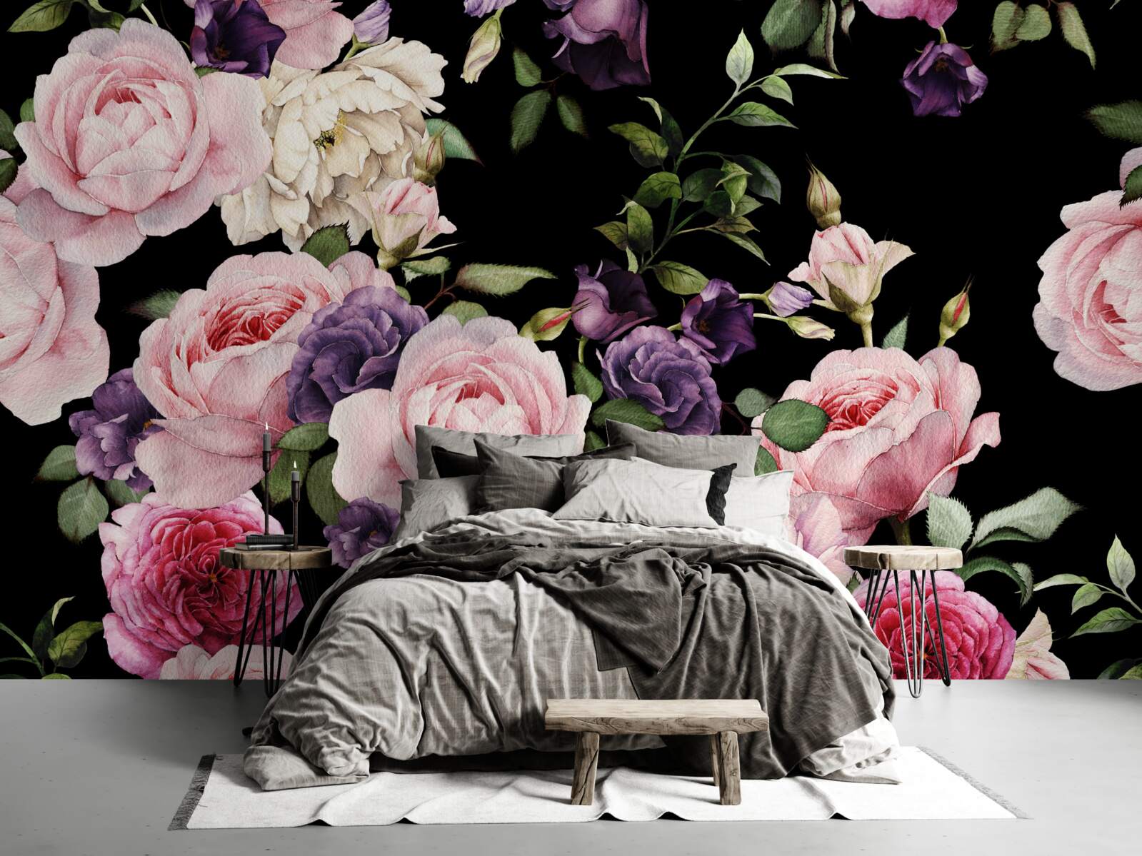 Fotobehang grote rozen op zwarte achtergrond