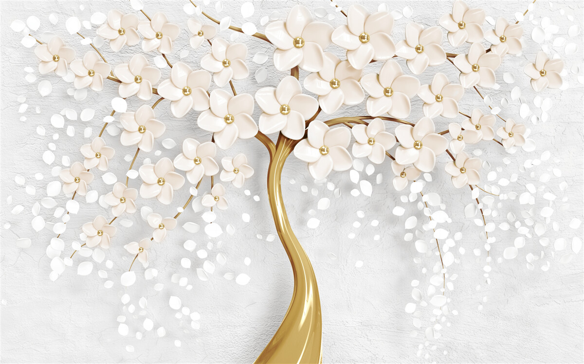 Fotobehang een boom met gouden tinten en charmante miniatuurbloemen