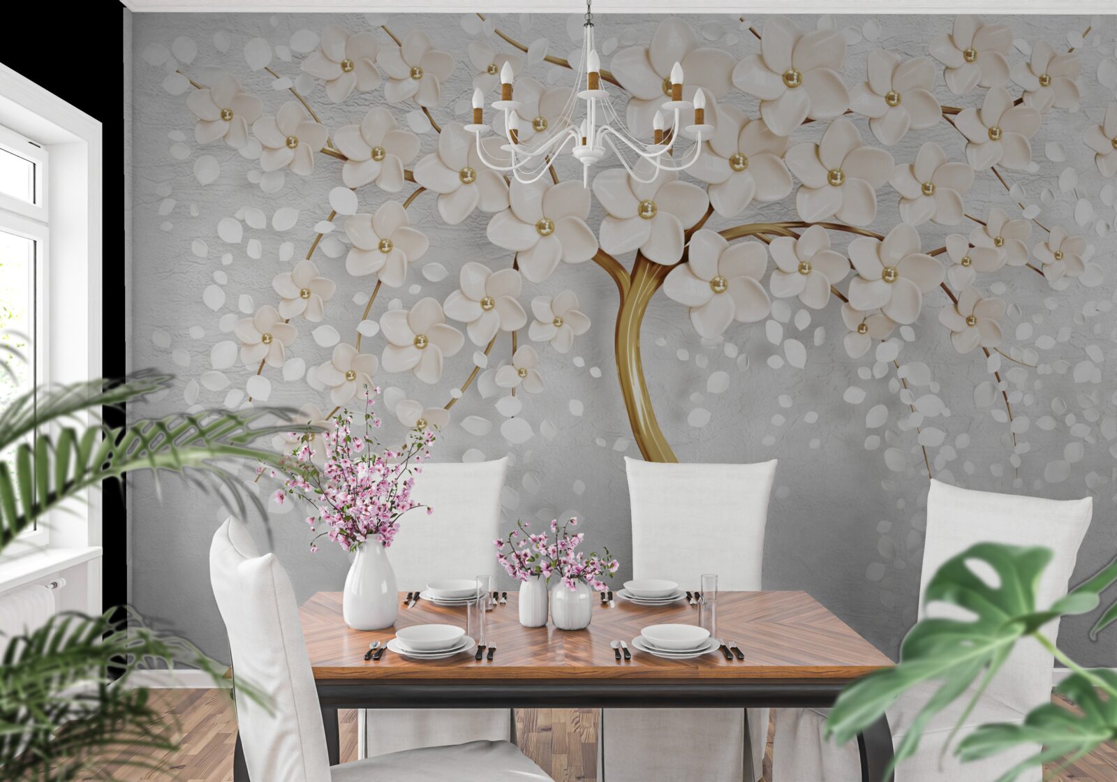 Fotobehang een boom met gouden tinten en charmante miniatuurbloemen