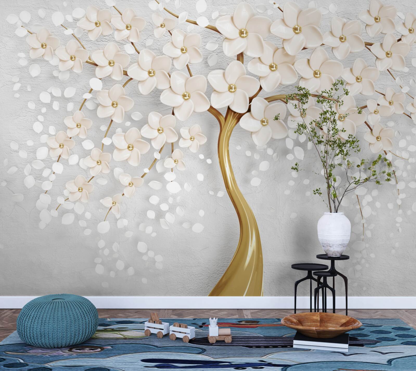 Fotobehang een boom met gouden tinten en charmante miniatuurbloemen