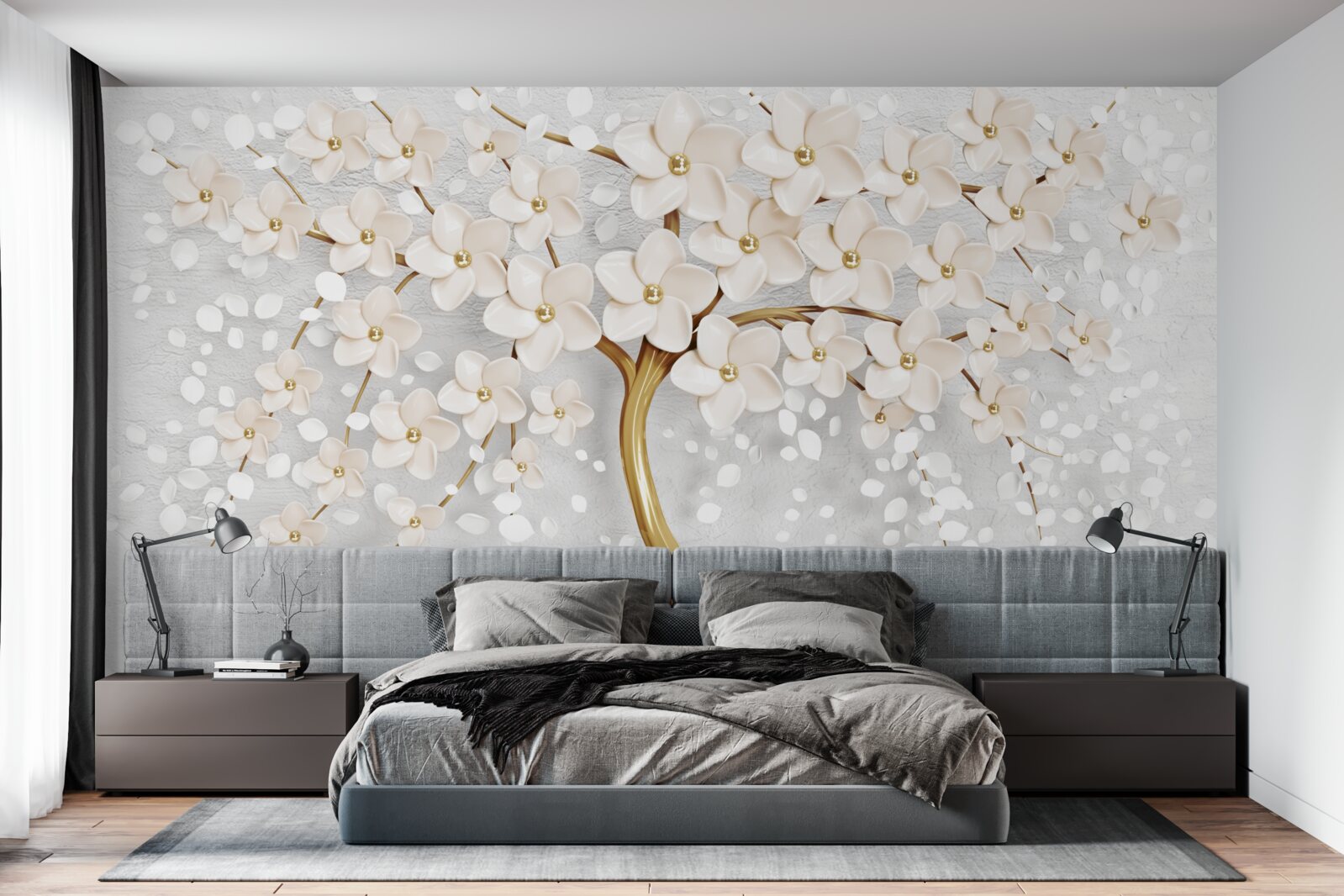 Fotobehang een boom met gouden tinten en charmante miniatuurbloemen