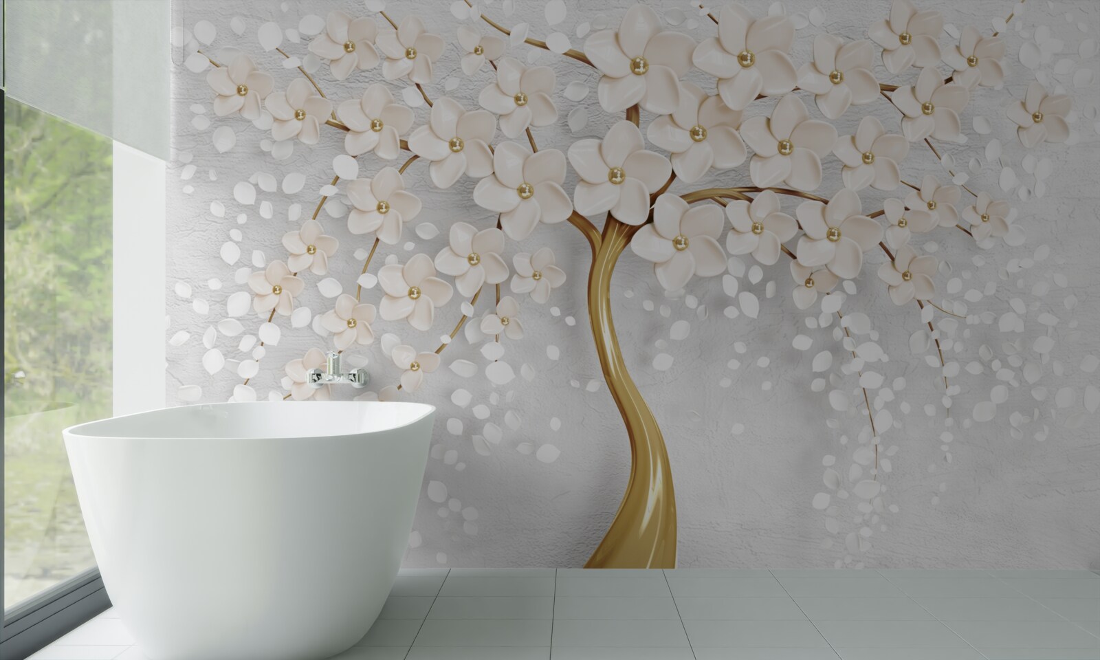 Fotobehang een boom met gouden tinten en charmante miniatuurbloemen