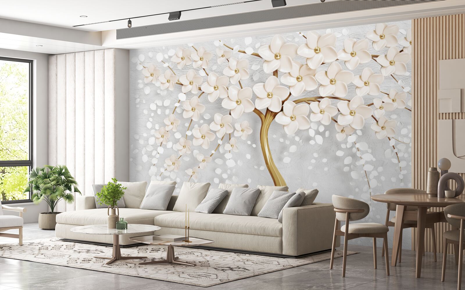 Fotobehang een boom met gouden tinten en charmante miniatuurbloemen