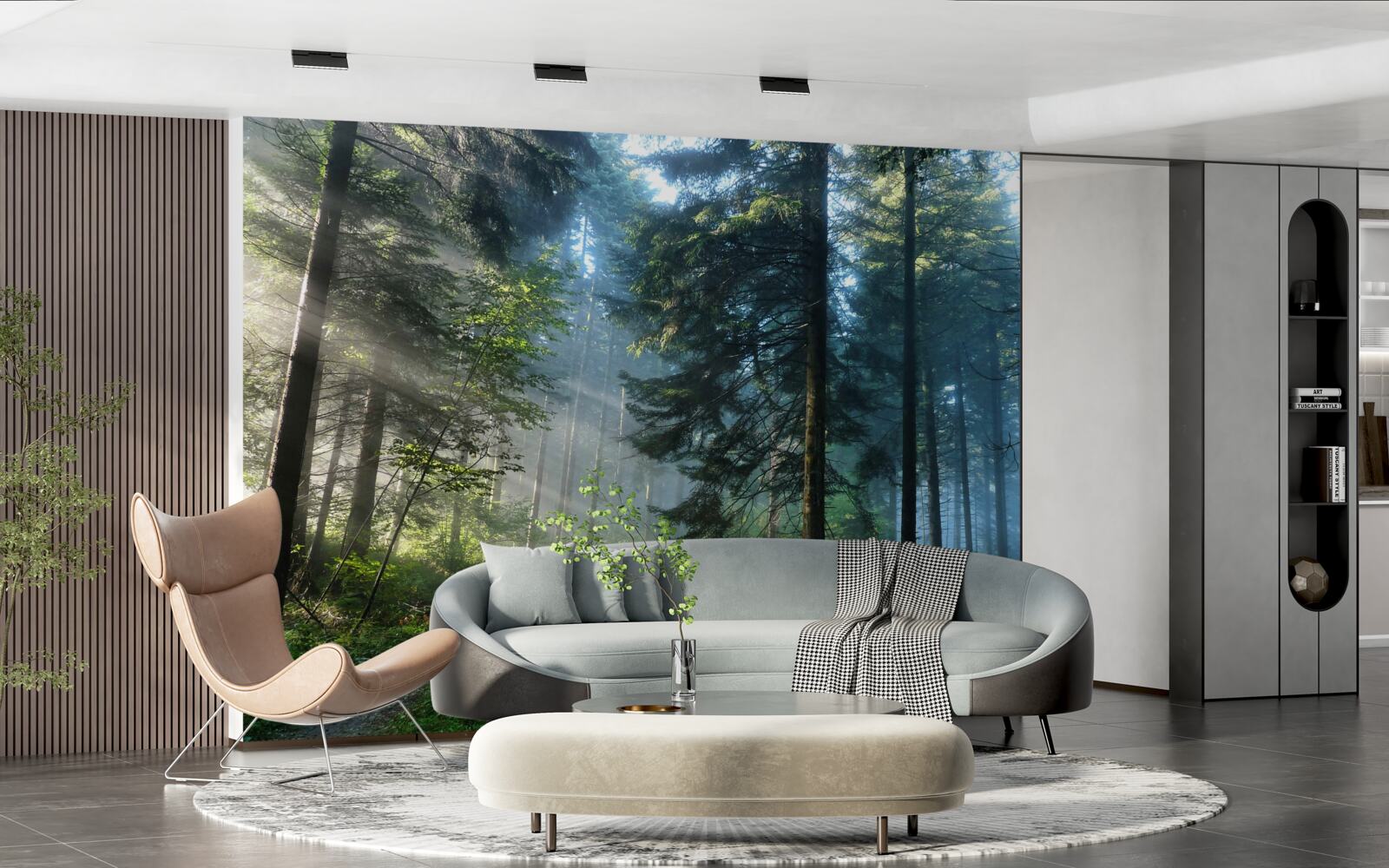 Fotobehang Een pad door een mistig bos