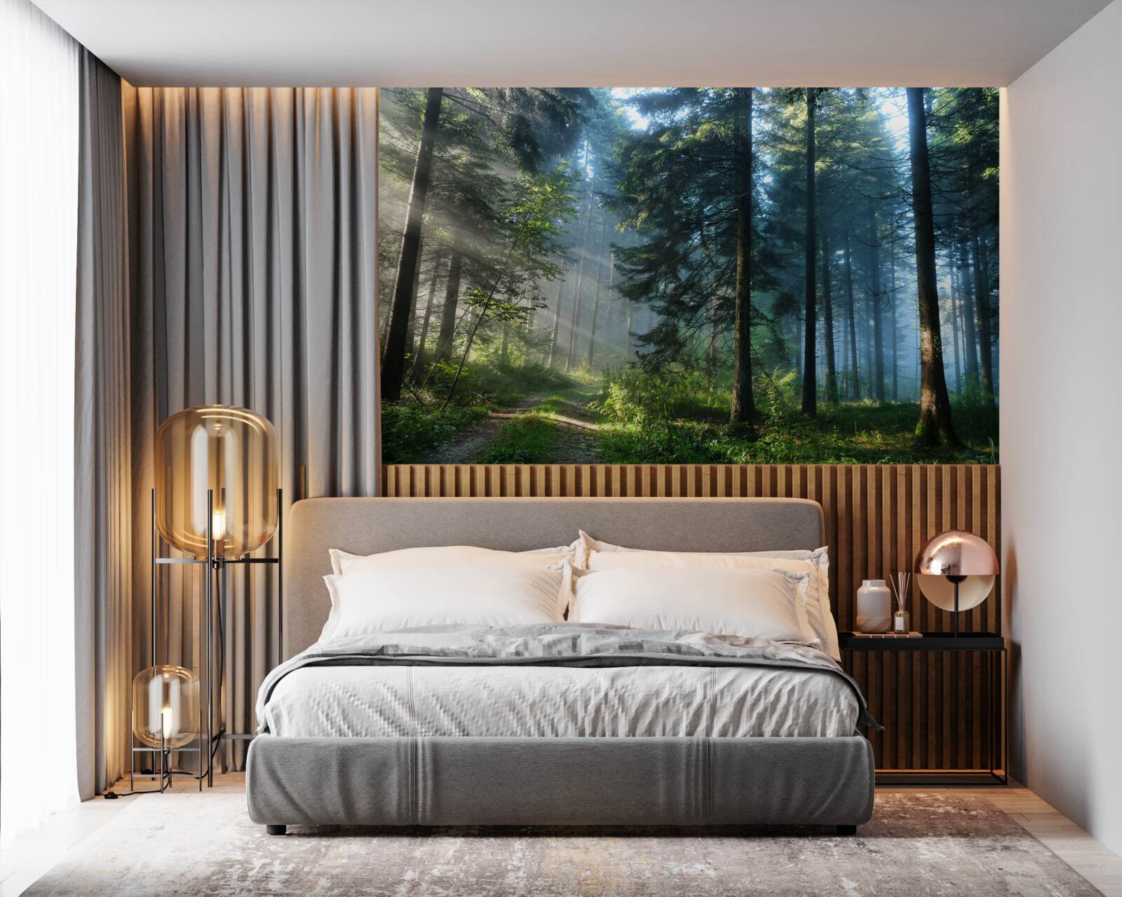 Fotobehang Een pad door een mistig bos