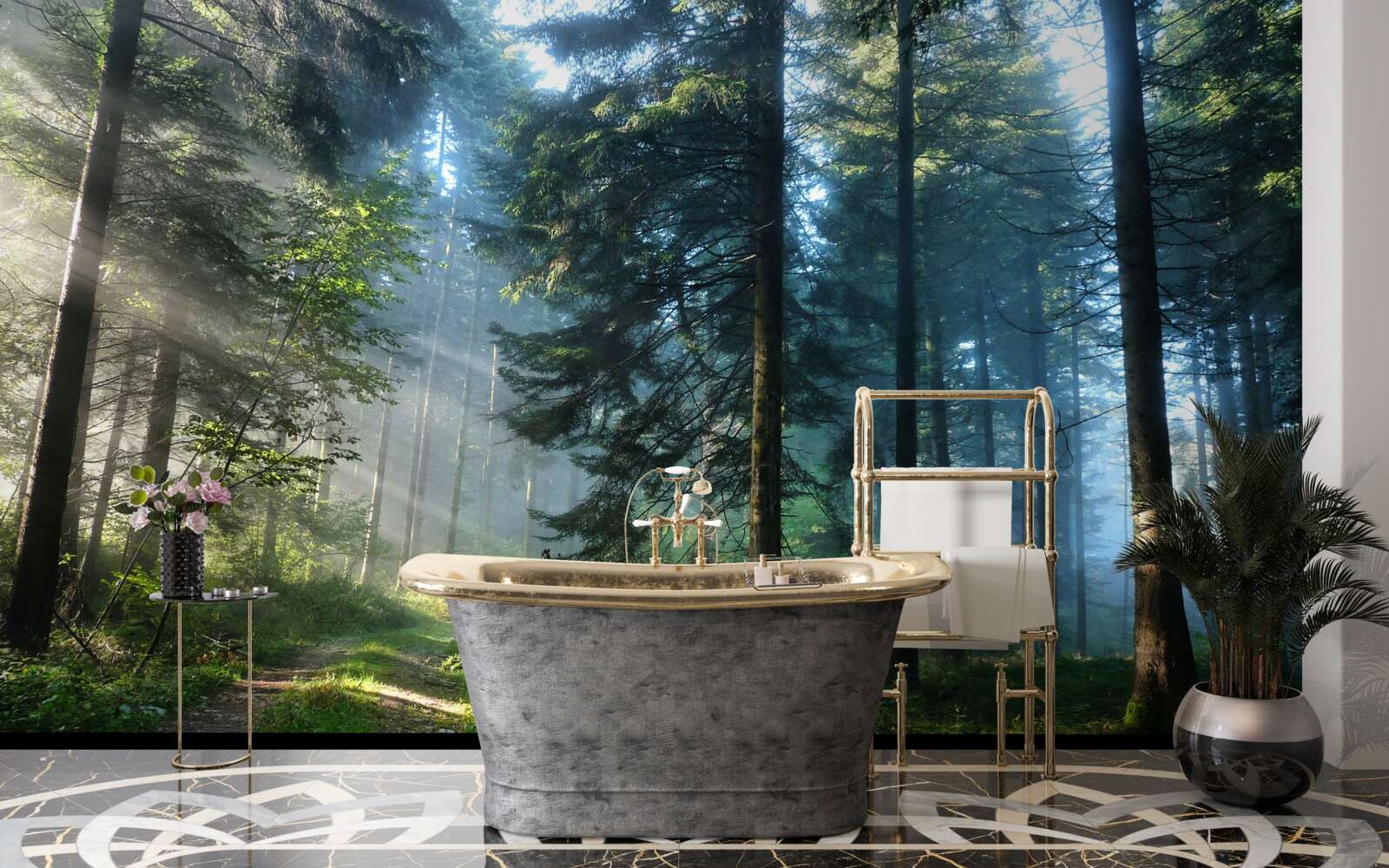 Fotobehang Een pad door een mistig bos