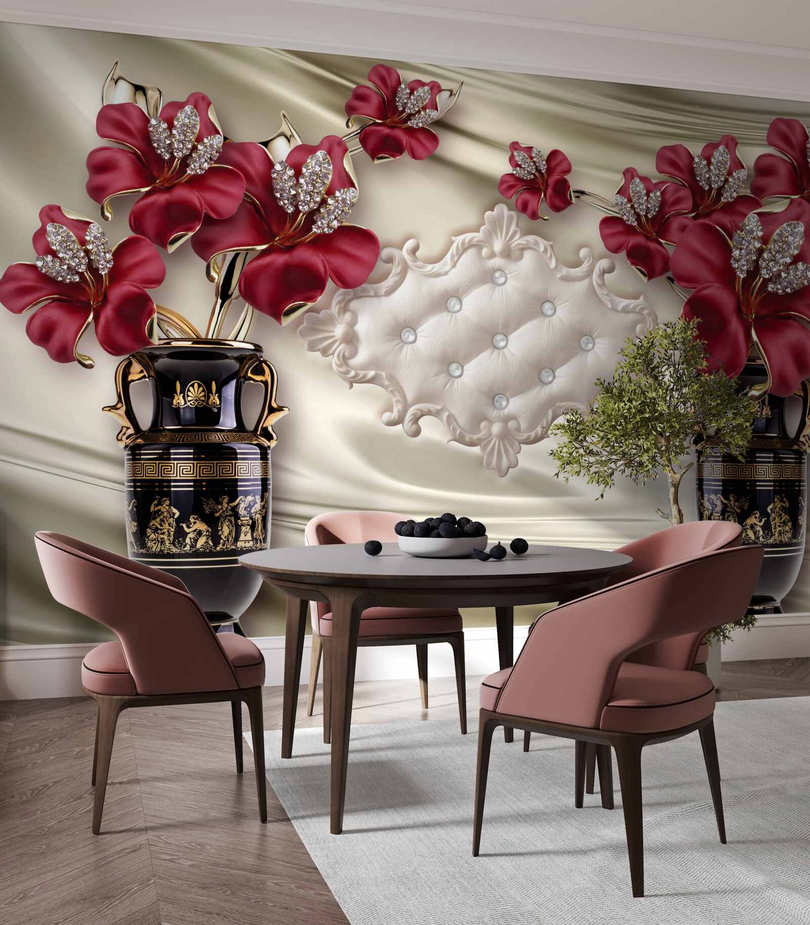 Fotobehang zwarte vazen met rode lelies