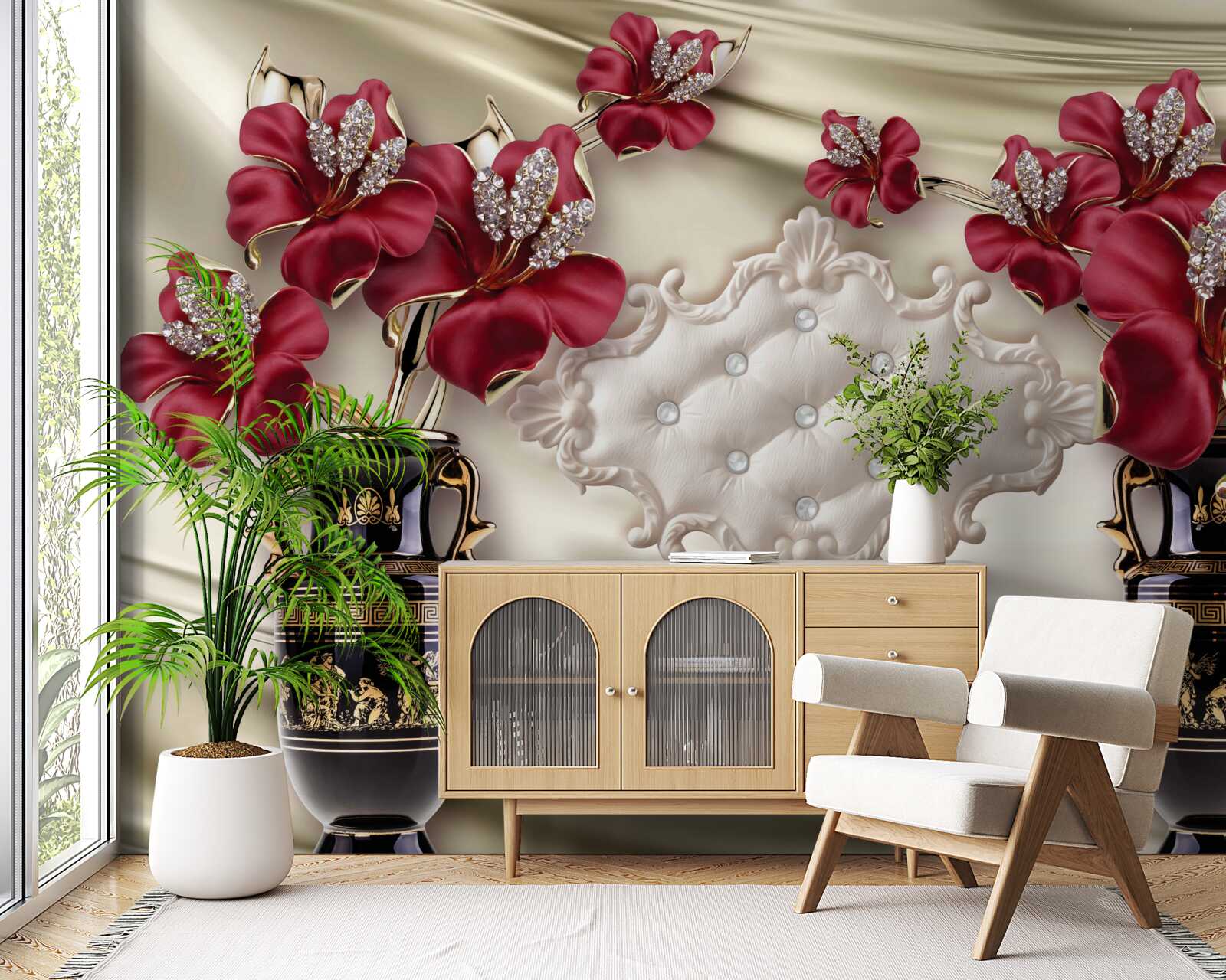 Fotobehang zwarte vazen met rode lelies