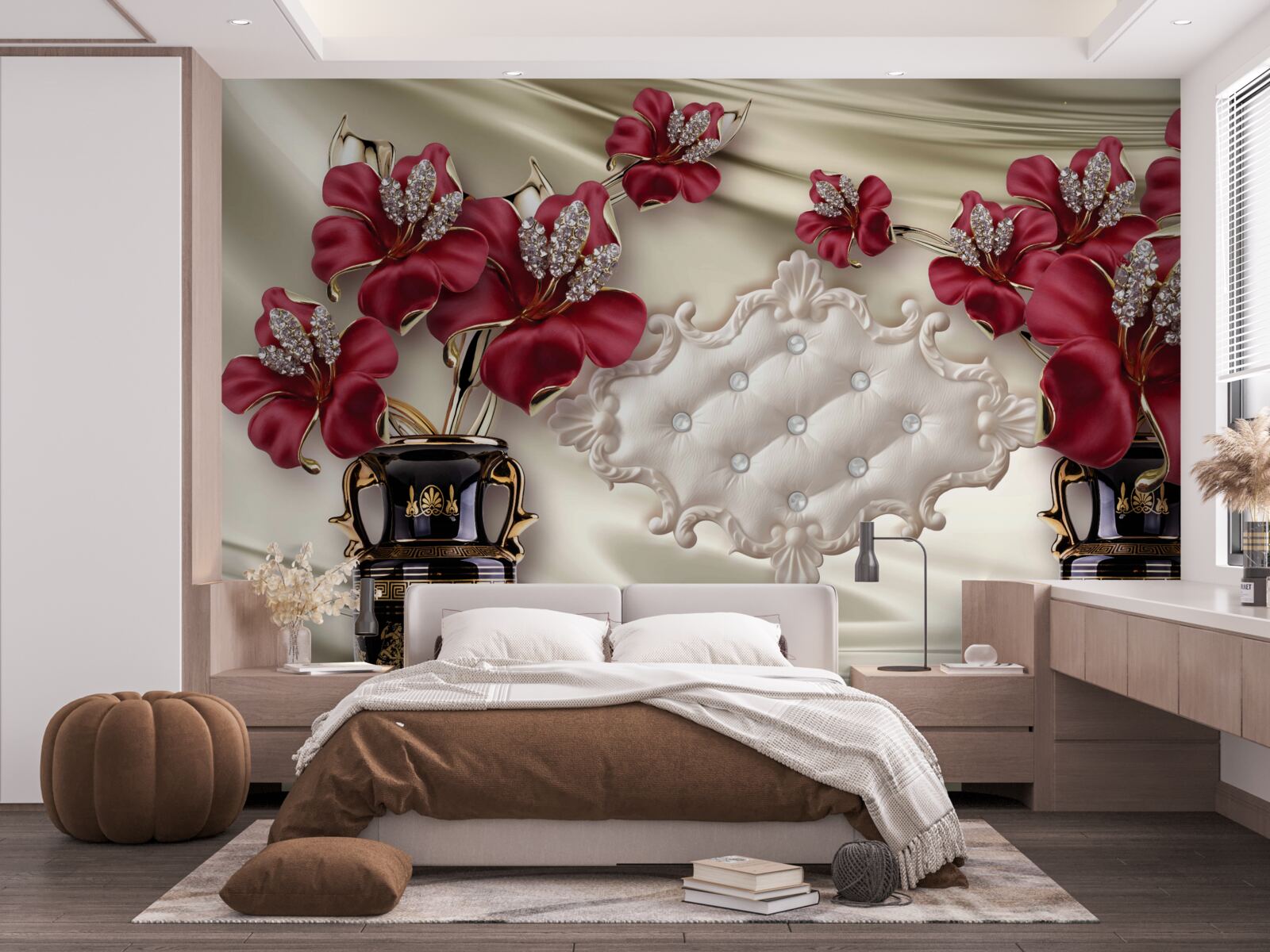 Fotobehang zwarte vazen met rode lelies