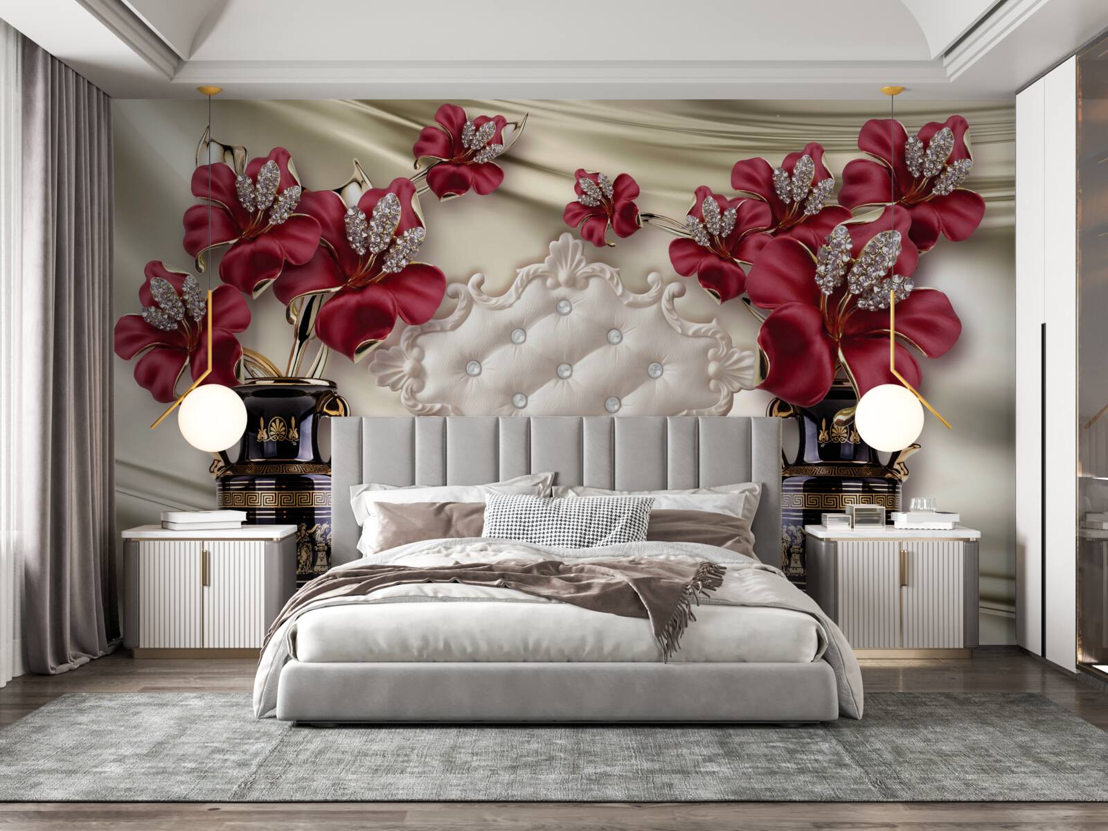 Fotobehang zwarte vazen met rode lelies