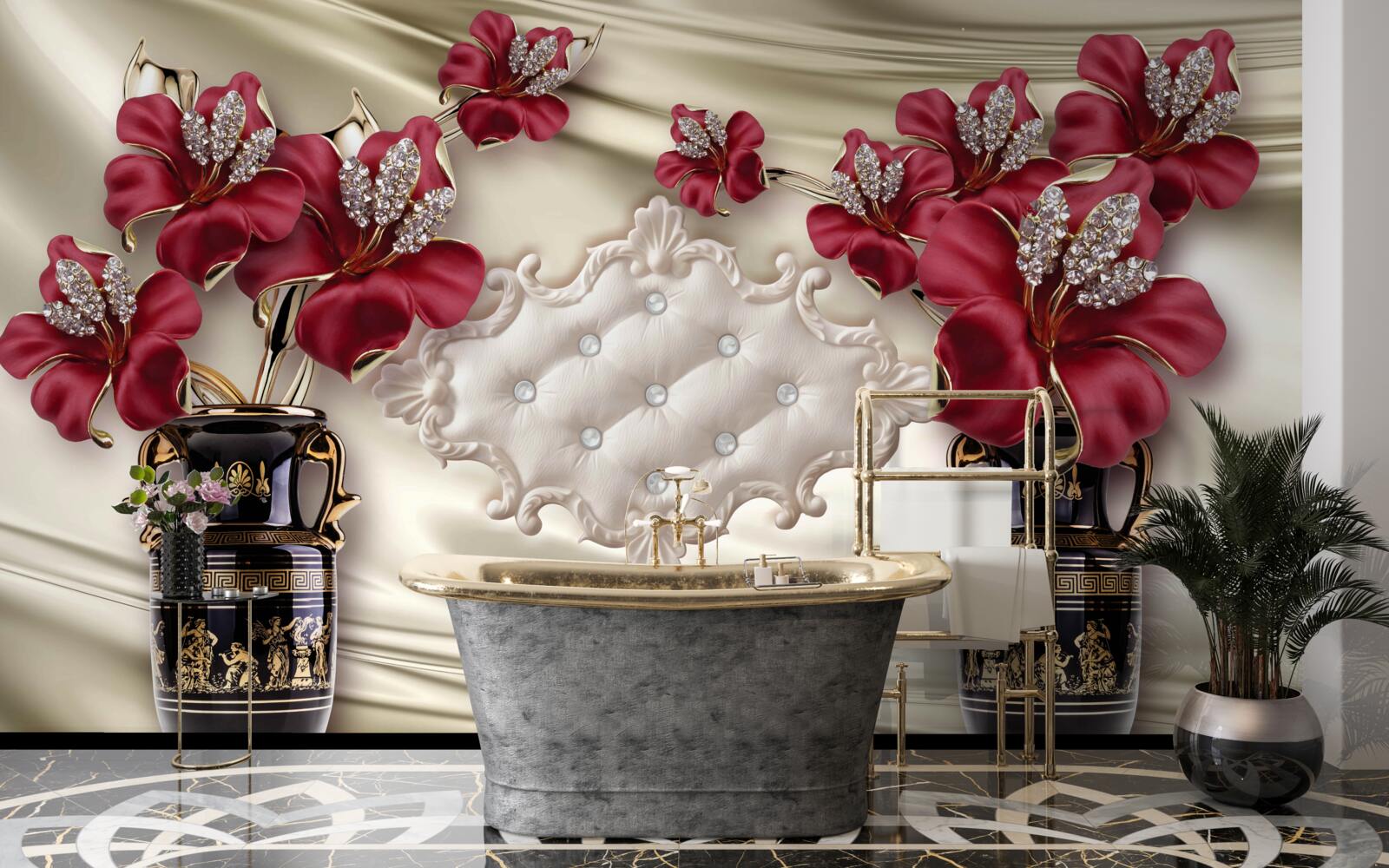 Fotobehang zwarte vazen met rode lelies