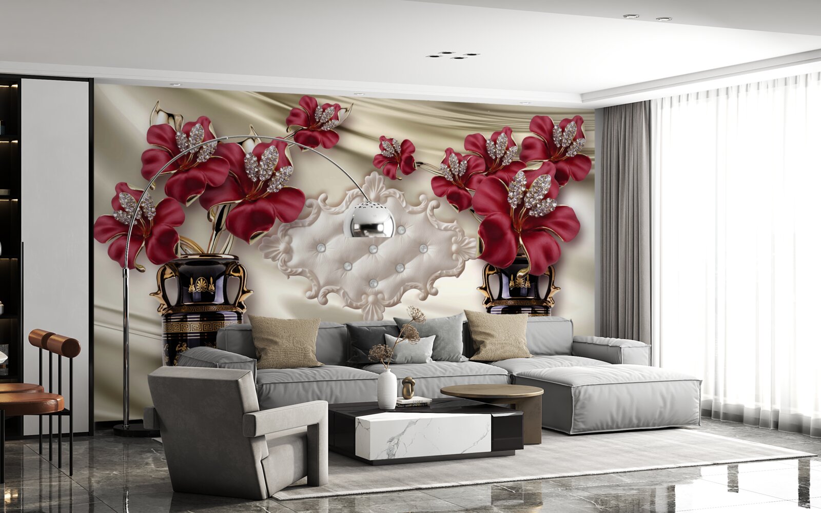 Fotobehang zwarte vazen met rode lelies